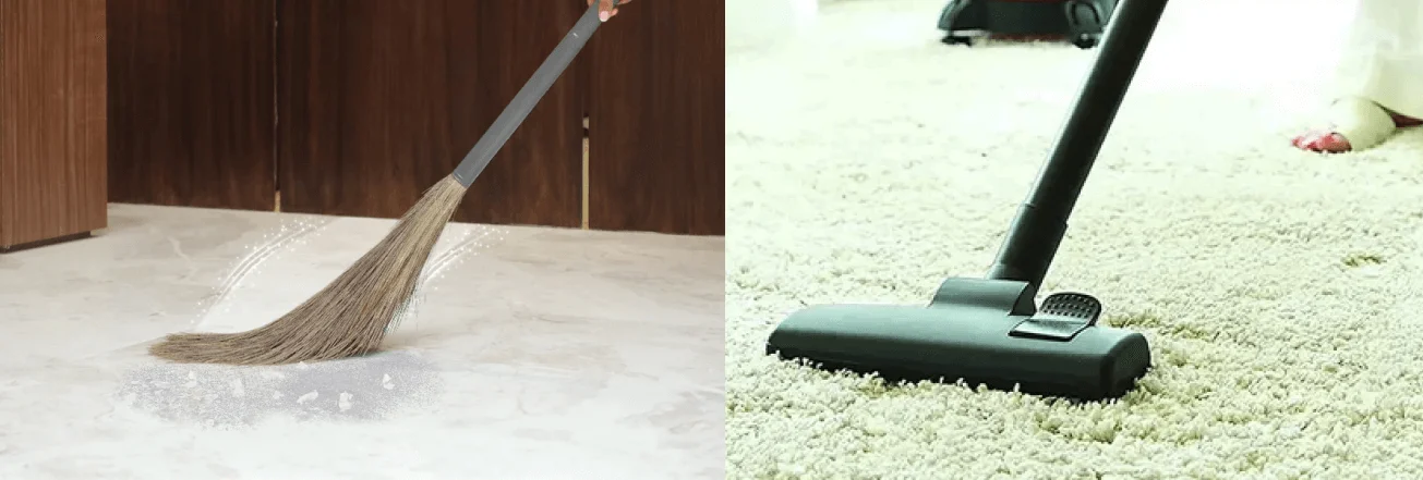 Vacuum cleaner and broom side by side for comparison